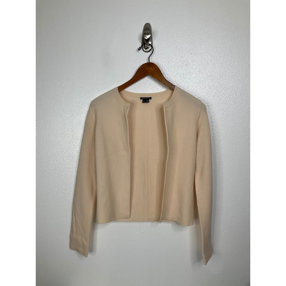 Theory Kilna Evian Stretch Ribbed Wool Blend Open Front Cardigan Cream Beige S